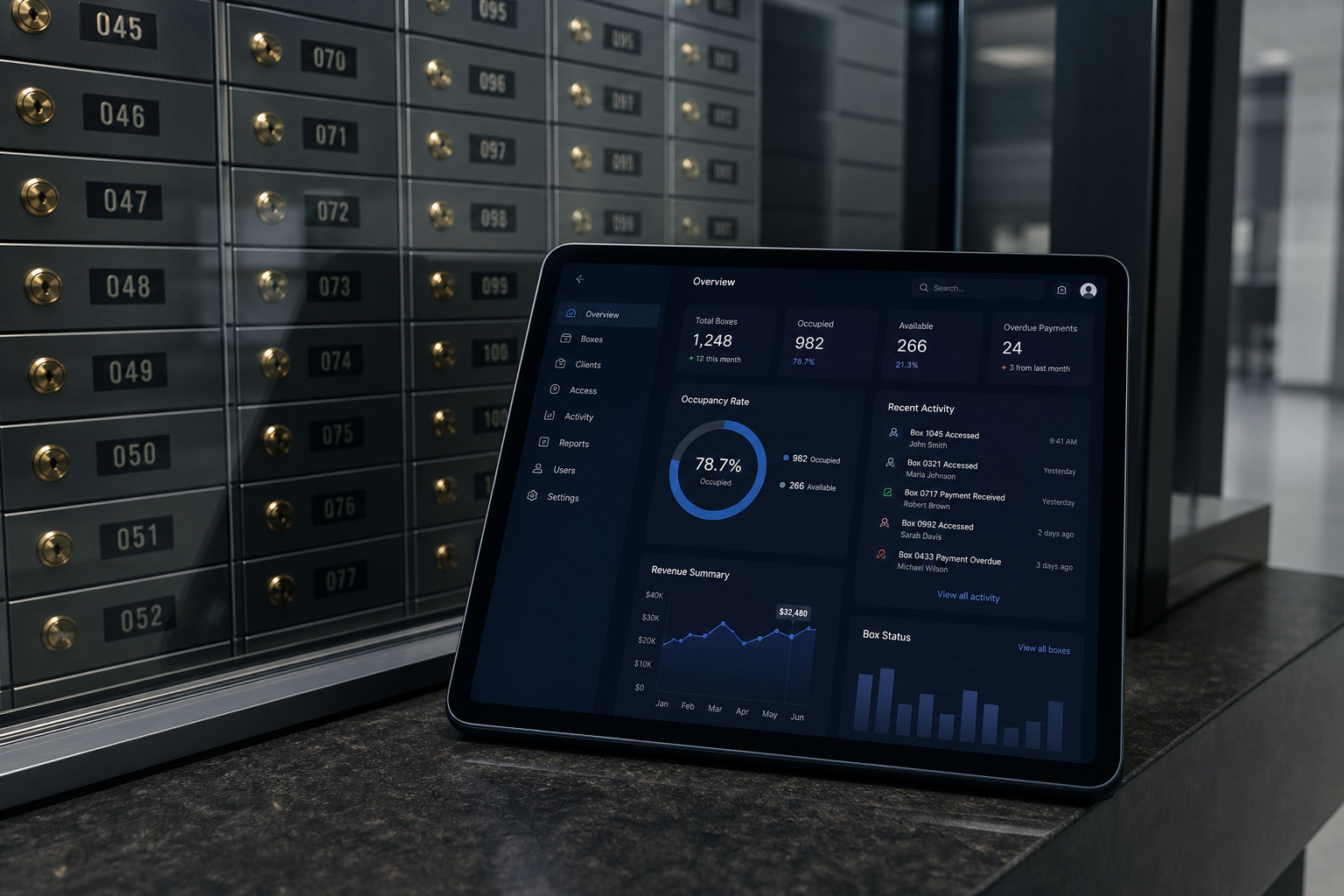 Business productivity platform on tablet with verification interface