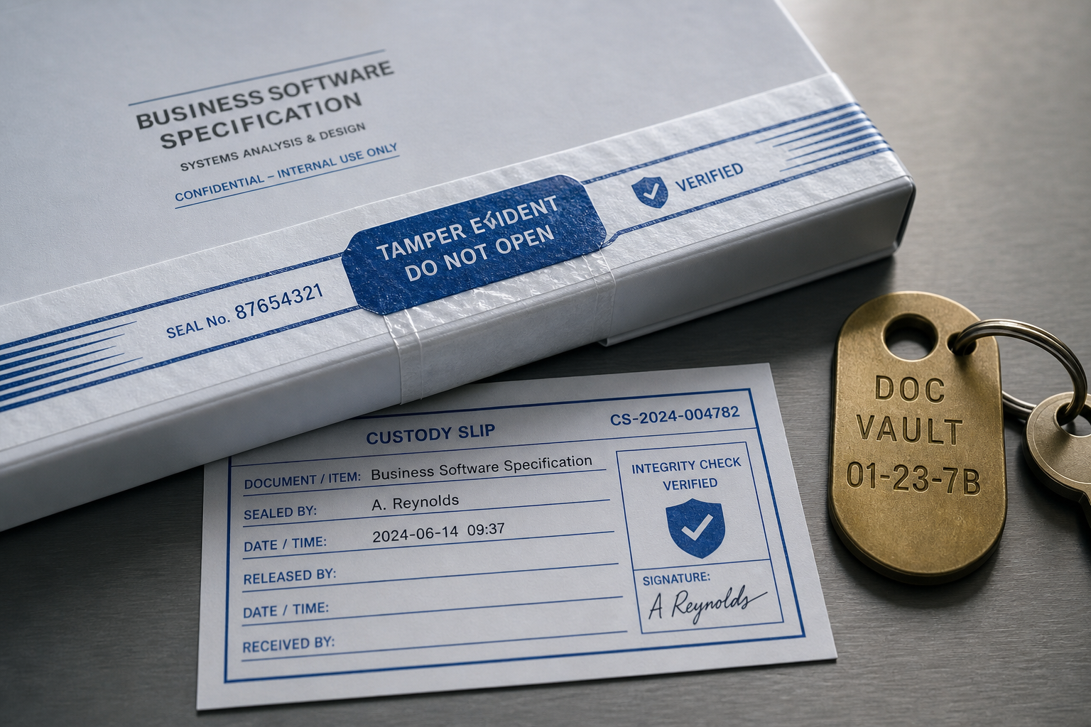 Tamper-evident seal strip on business software specification documents