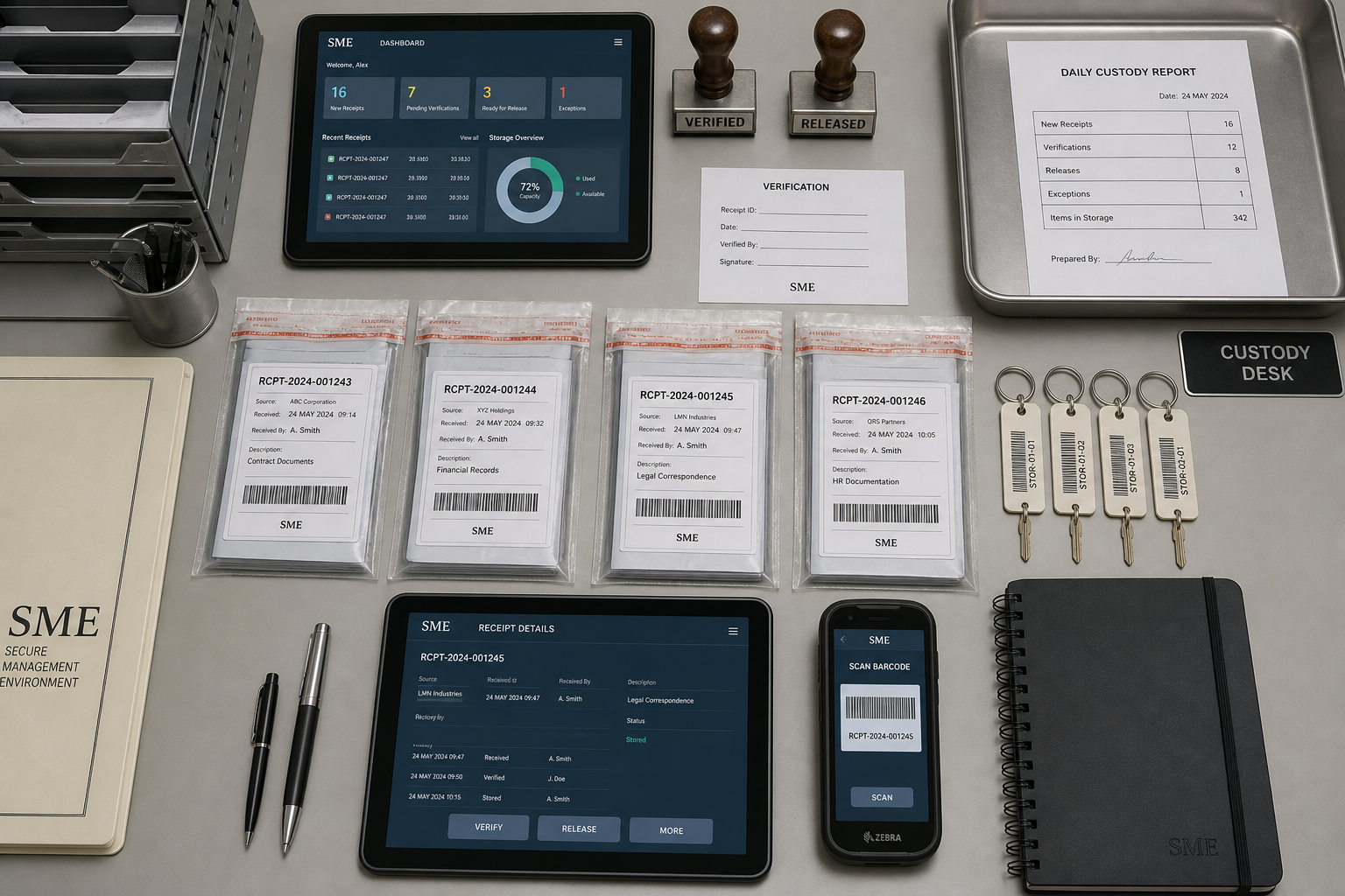 Custody desk with business software development materials