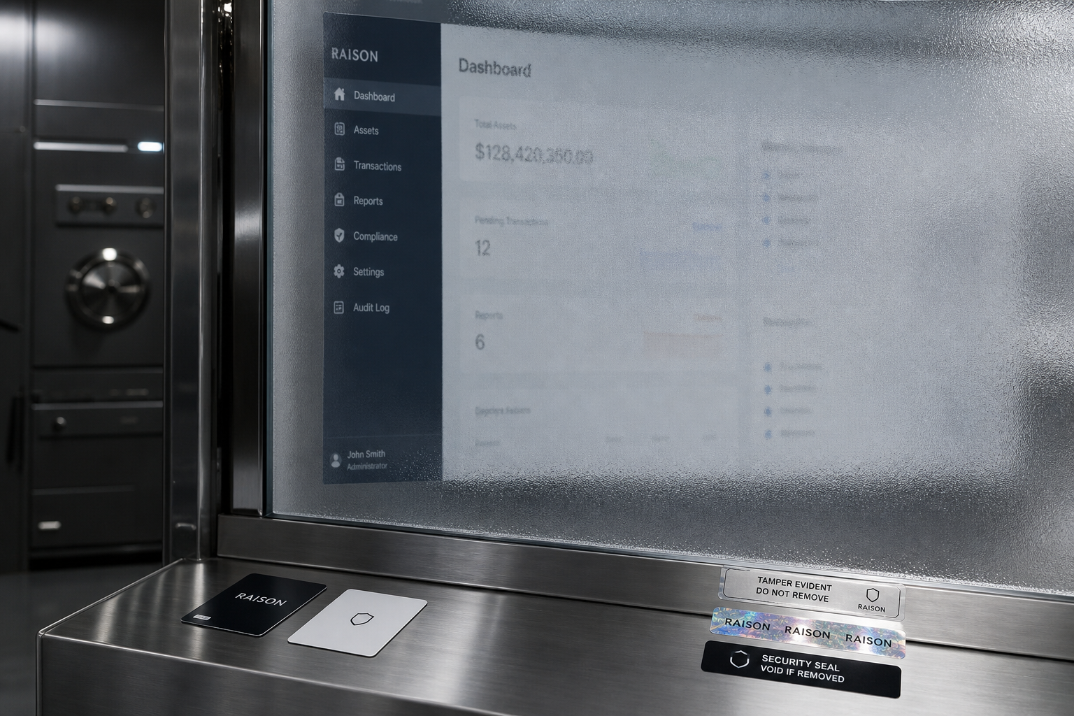 Verification process with frosted security glass and business software interface